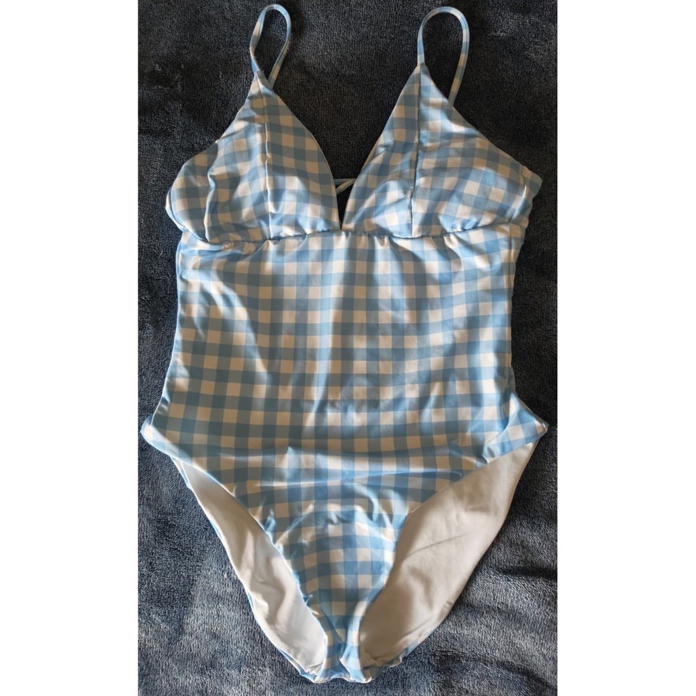 By Rebecca Virtue One Piece Swimsuit Size L Blue White Gingham V-Neck Resort